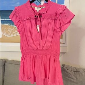 Umgee Fuchsia Pleated Blouse with Ruffle Sleeves